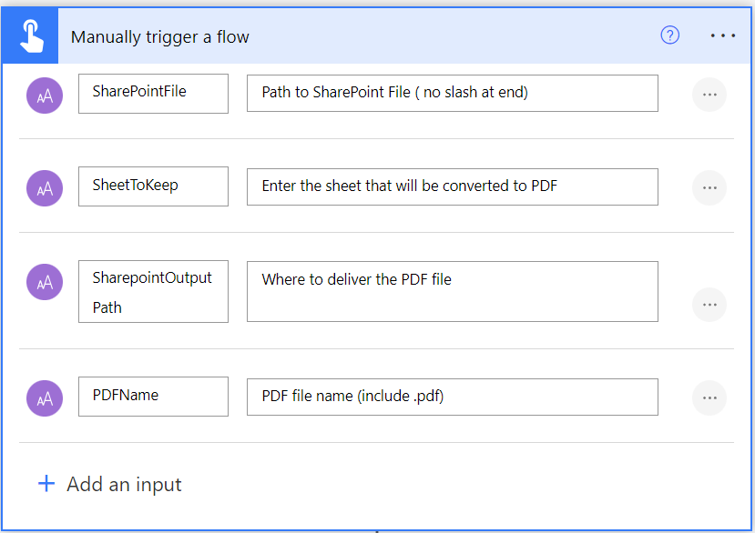 Define parameters to convert Excel file to PDF